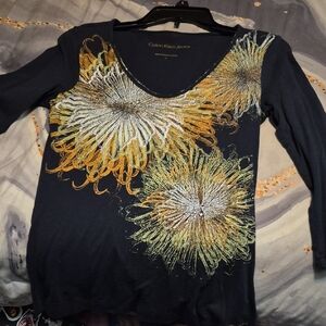 Calvin Klein Women's Black Top with Gold and Green Floral Design